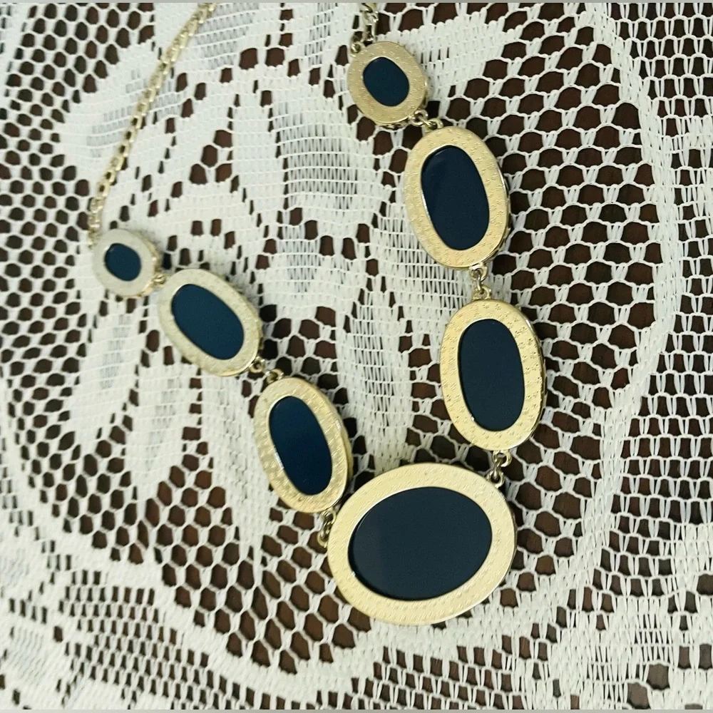 J. Crew Dark Blue Oval Necklace with Silver Chain